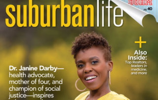 Dr Darby on the cover of suburban life magazine in a yellow dress